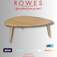 Wooden coffee table on a gray background with 'Rowes' branding and contact information.