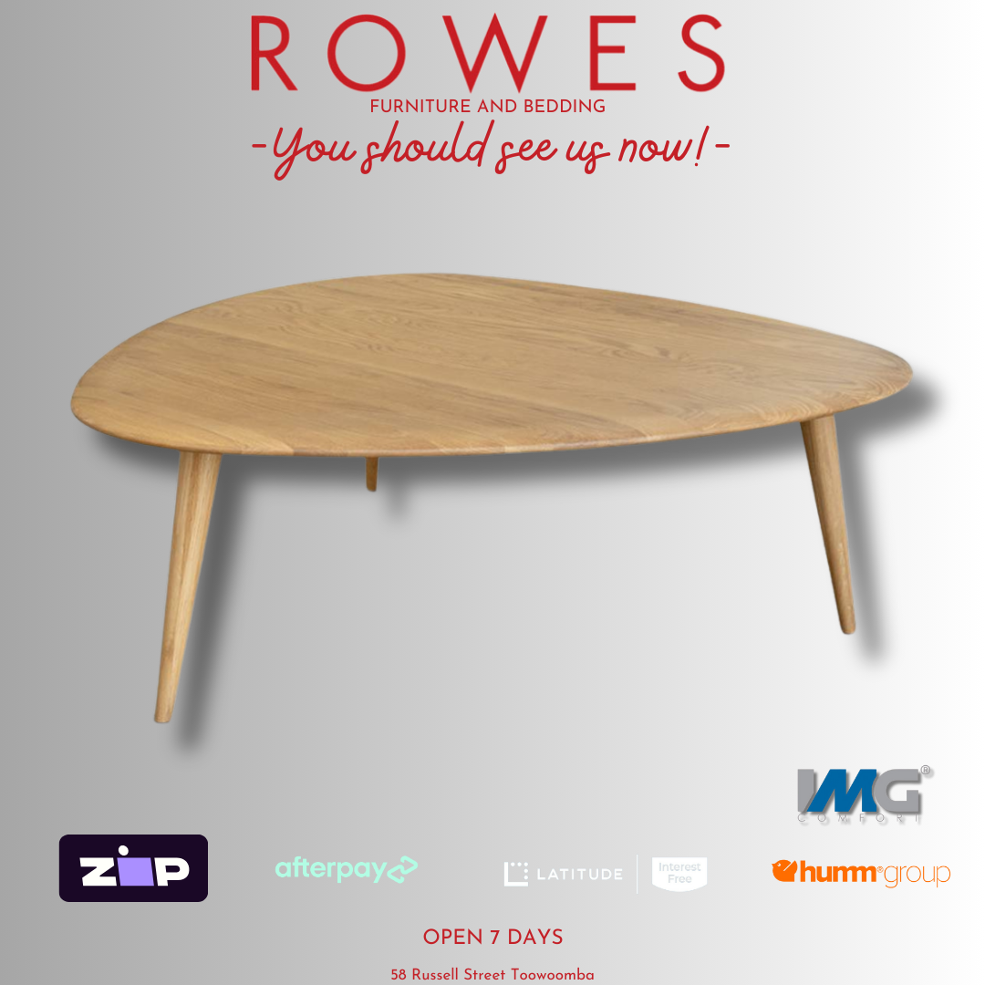 Wooden coffee table on a gray background with 'Rowes' branding and contact information.