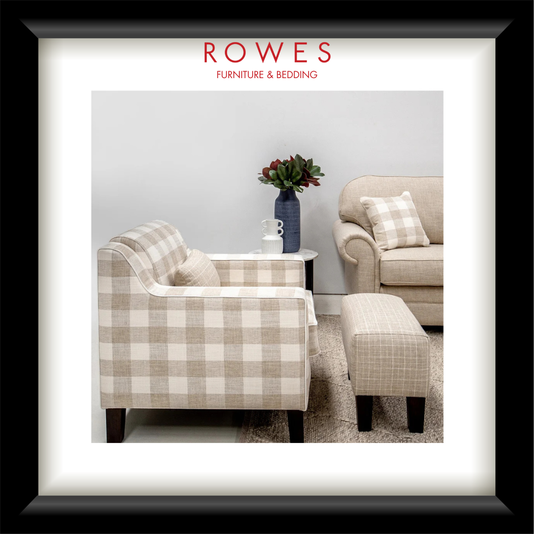 Furniture and bedding set with checkered armchair and ottoman, featuring Rowes brand.