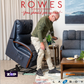 Man using a recliner chair in a living room with promotional text for ROWES furniture and bedding.