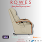 Beige recliner chair with 'Rowes Furniture and Bedding' text and logos on a gray background