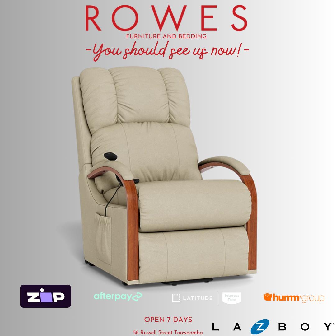 Beige recliner chair with brown armrests on a gray background, featuring ROWES branding and furniture company logos.