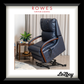 Blue recliner chair with wooden armrests in a room setting, featuring Rowes Furniture & Bedding logo.