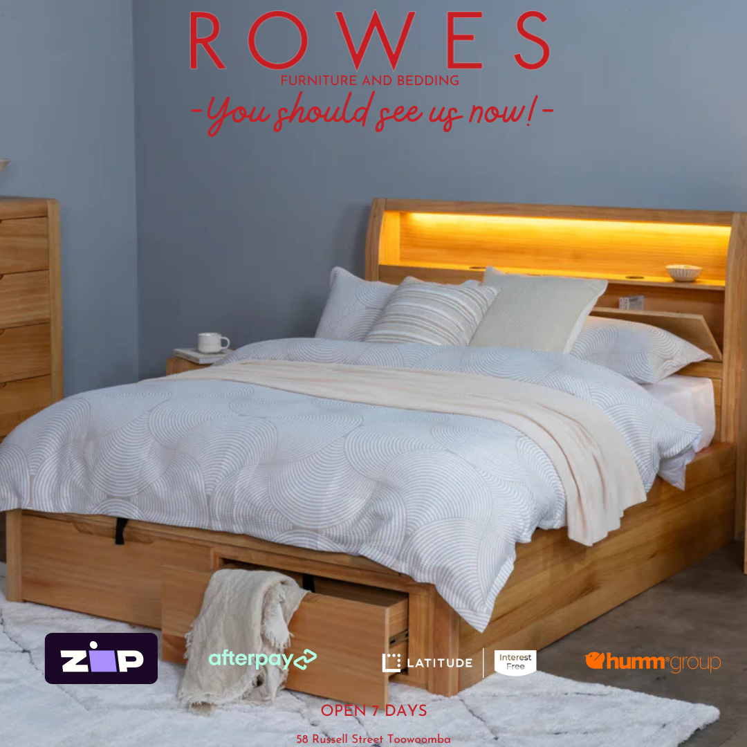 Wooden bed with LED headboard in a bedroom setting, featuring 'Rowes Furniture and Bedding' advertisement.
