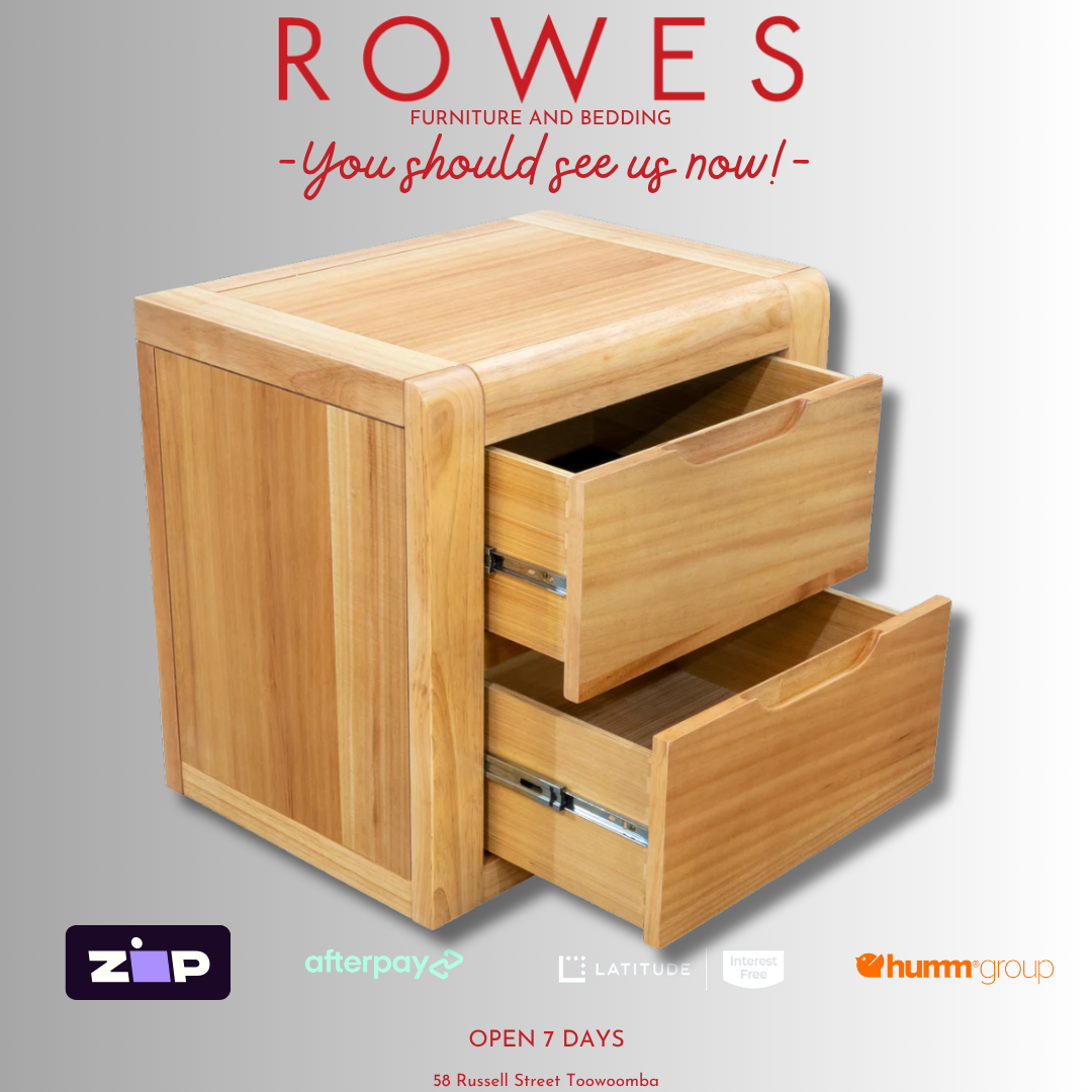 Wooden nightstand with open drawers on a gray background, featuring 'Rowes' furniture brand.