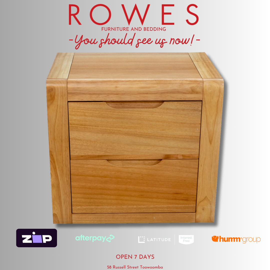 Wooden nightstand with 'Rowes Furniture and Bedding' text and payment logos on a gray background