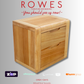 Wooden nightstand with 'Rowes Furniture and Bedding' text and logos on a gray background