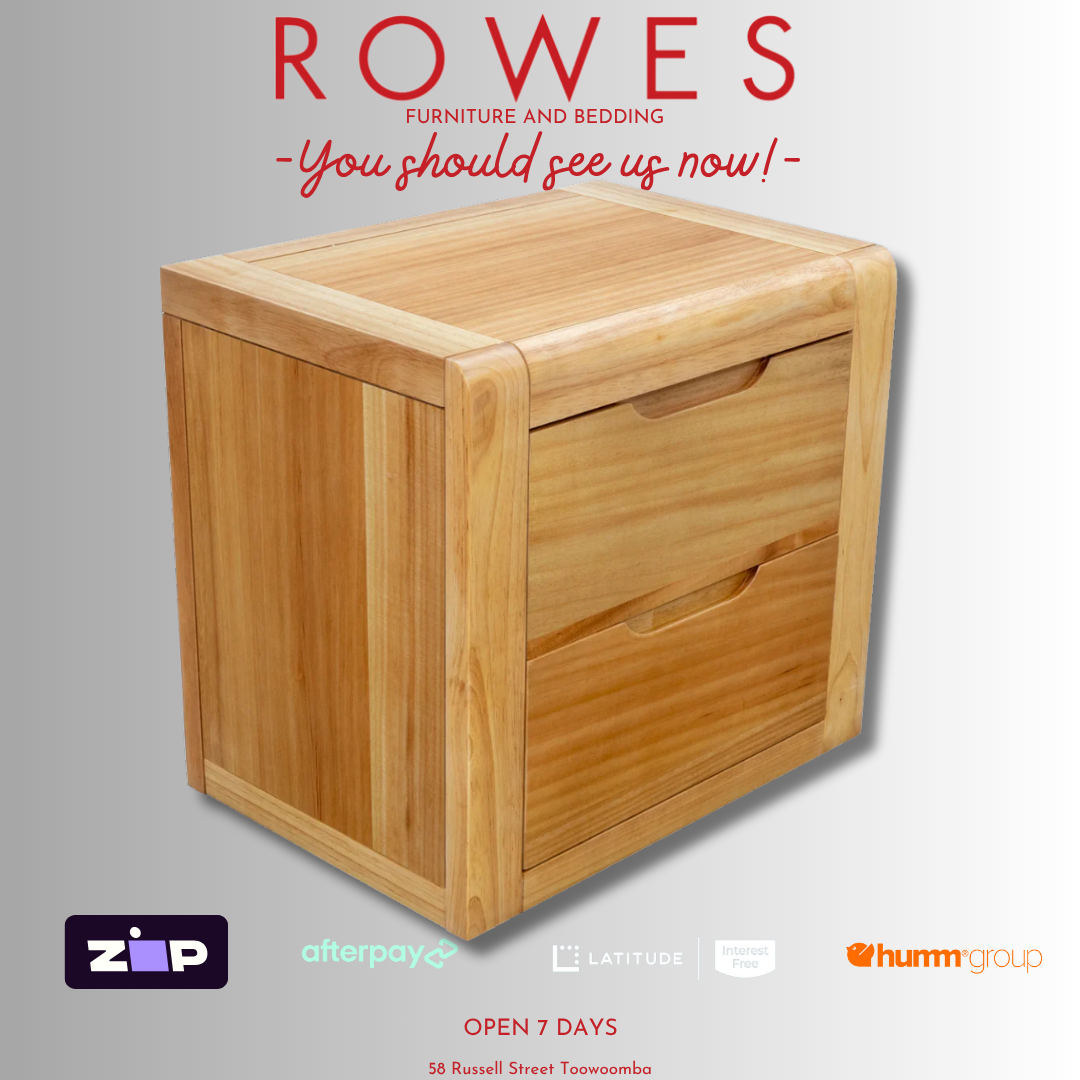 Wooden nightstand with 'Rowes Furniture and Bedding' text and logos on a gray background
