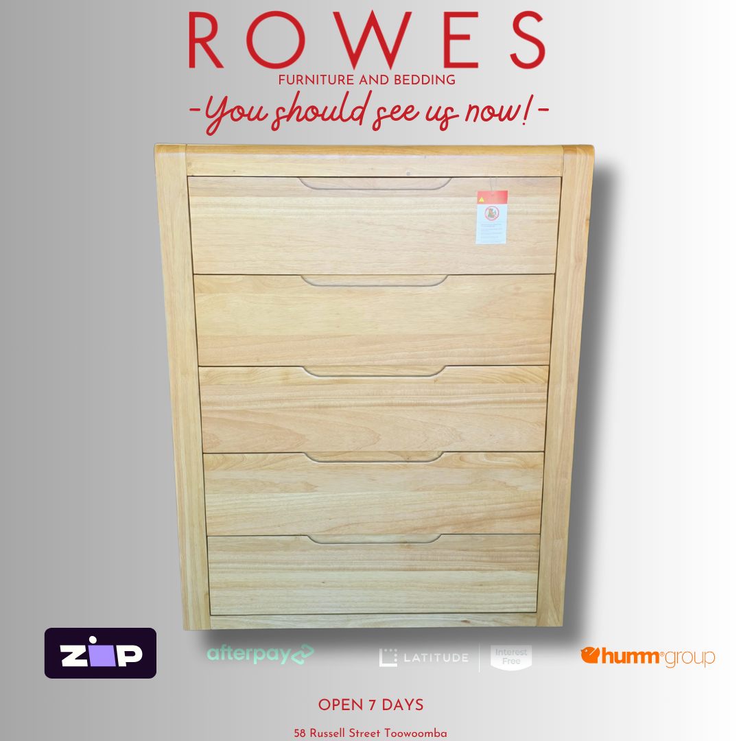 Wooden dresser with 'Rowes Furniture and Bedding' advertisement on a gray background