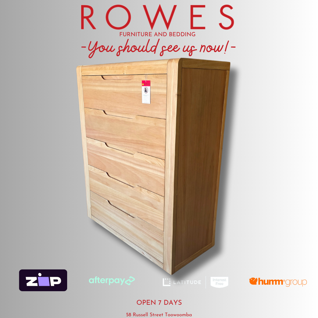 Wooden dresser with 'Rowes' branding and promotional text on a gray background