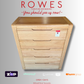Wooden dresser with 'Rowes Furniture and Bedding' text and logos on a gray background