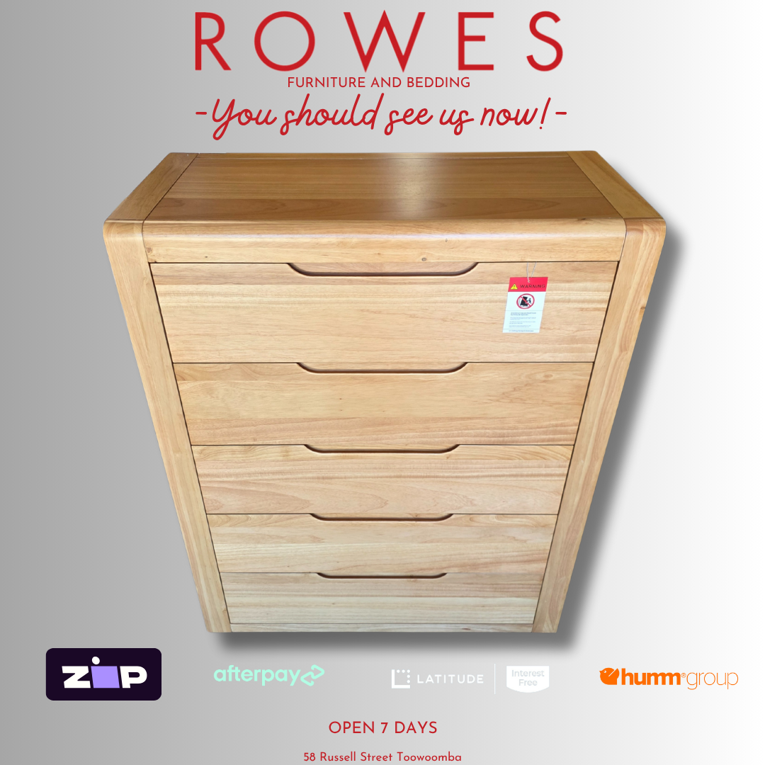 Wooden dresser with 'Rowes Furniture and Bedding' text and logos on a gray background