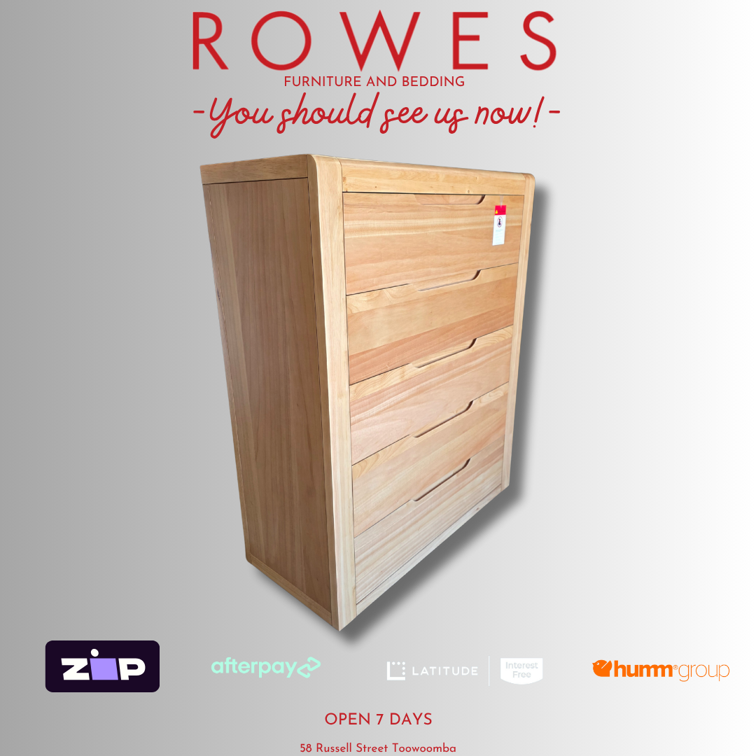 Wooden dresser with promotional text and logos on a gray background