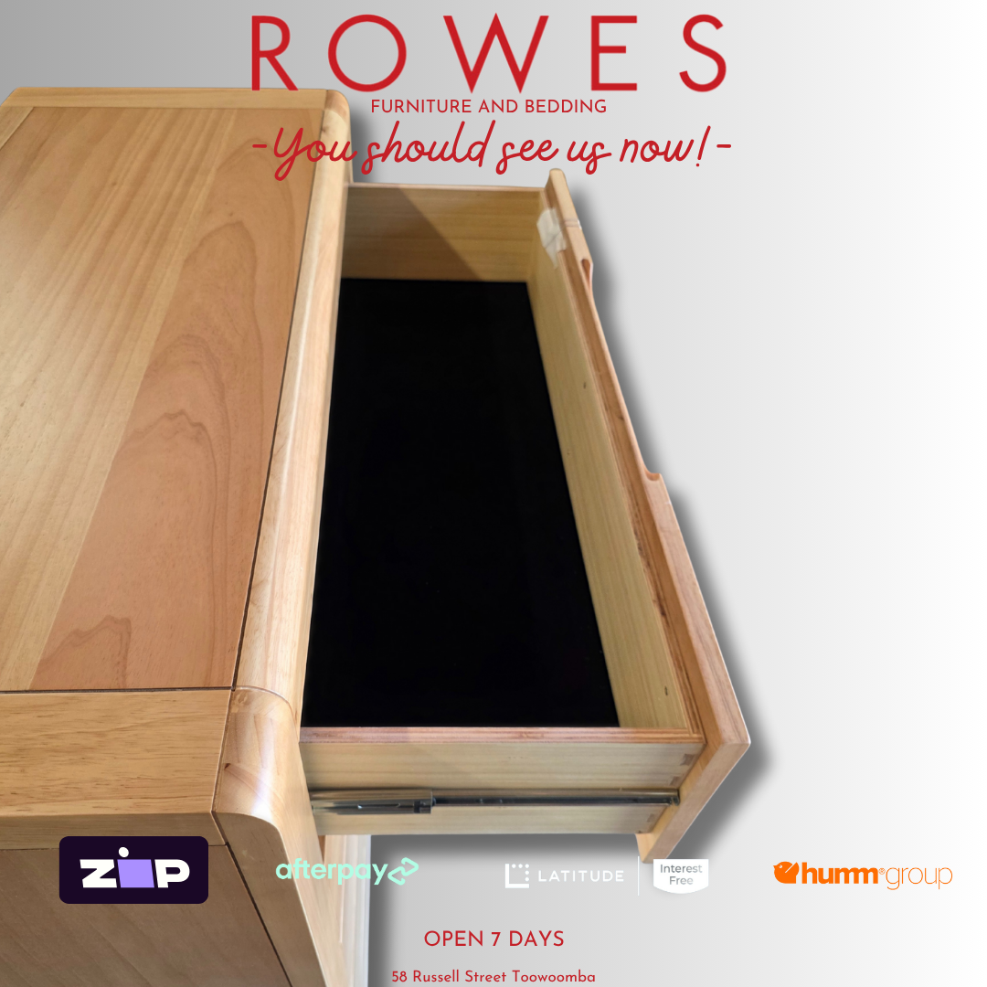 Wooden drawer with black interior on a white background, featuring 'Rowes' branding.