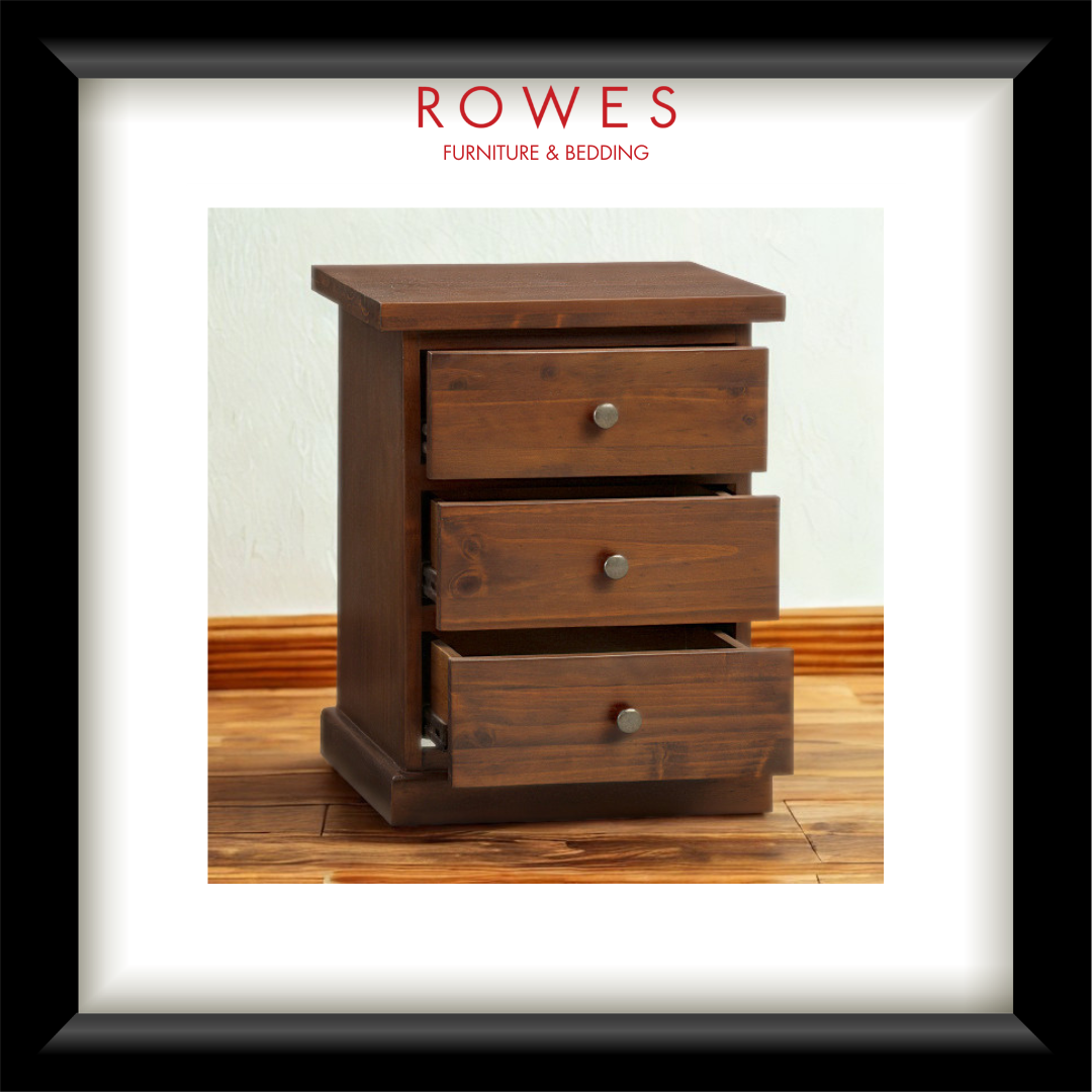 Wooden nightstand with three drawers on a wooden floor, branded 'Rowes Furniture & Bedding'.