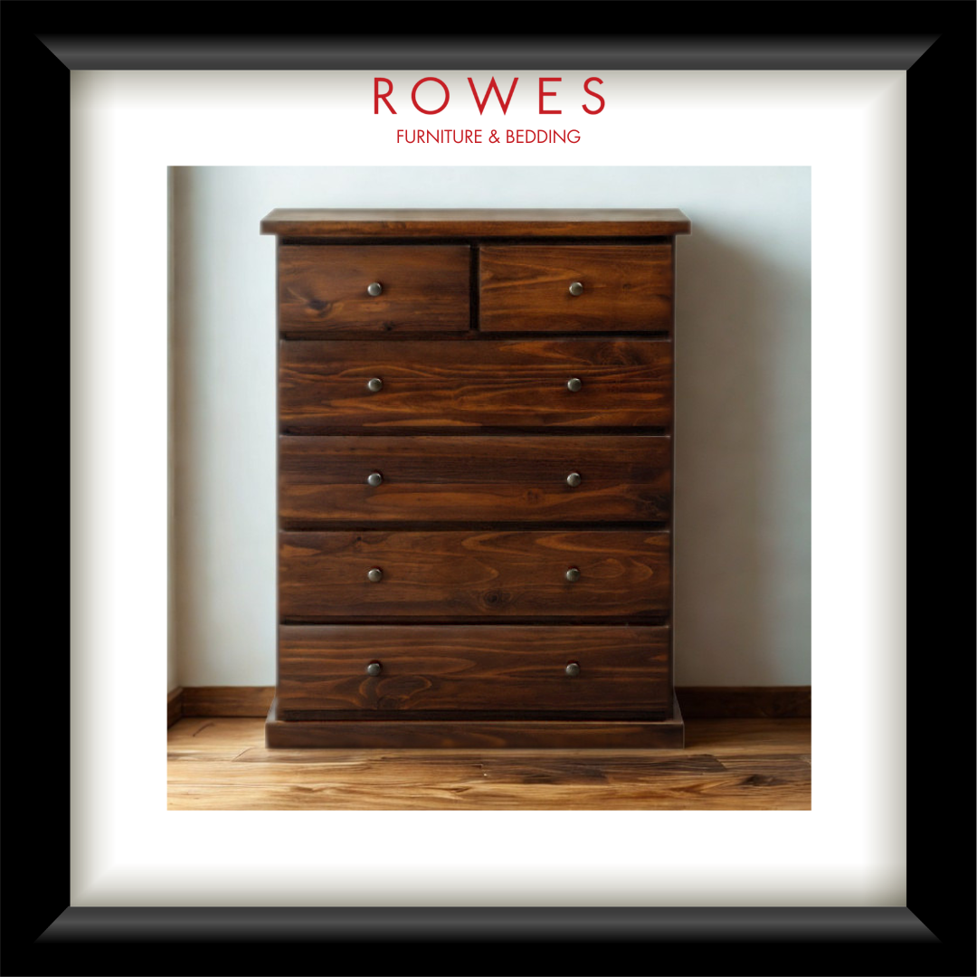 Wooden dresser with 'Rowes Furniture & Bedding' logo above it.