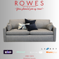 Gray sofa with decorative pillows on a gray background, featuring the brand 'Rowes'.