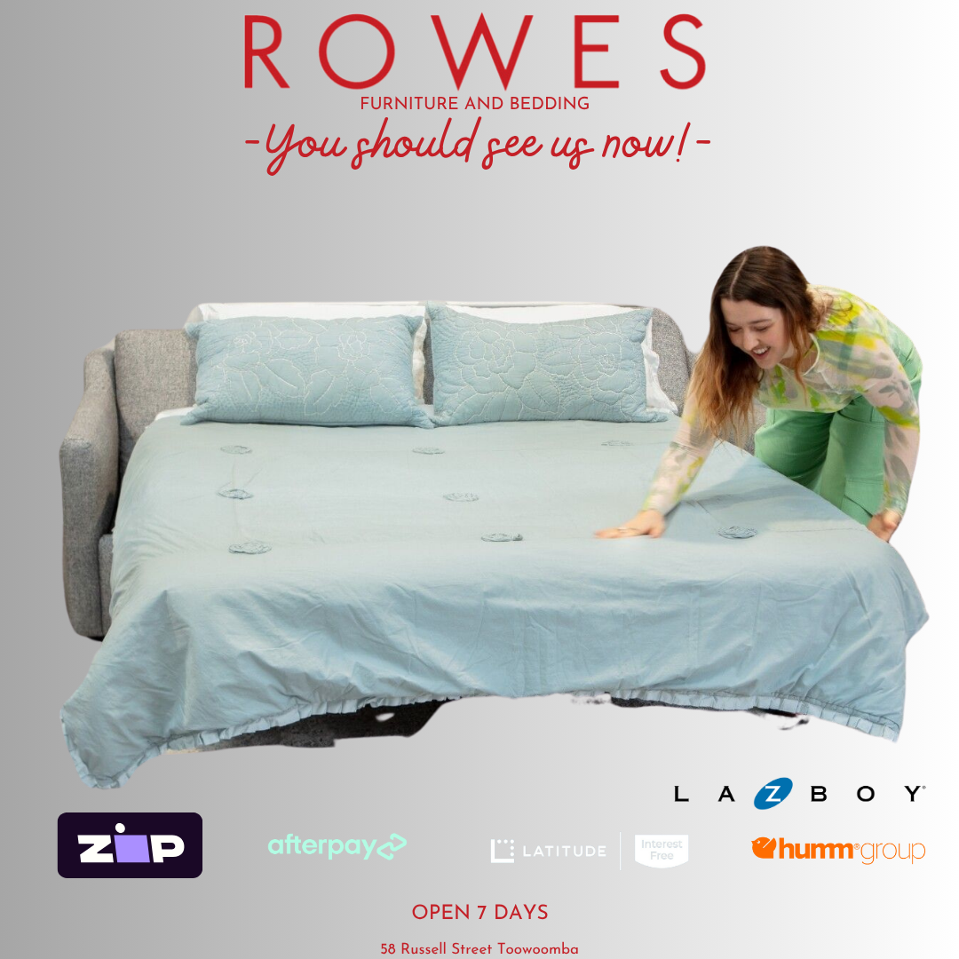 Woman making a bed in a sofa bed with 'Rowes Furniture and Bedding' branding.