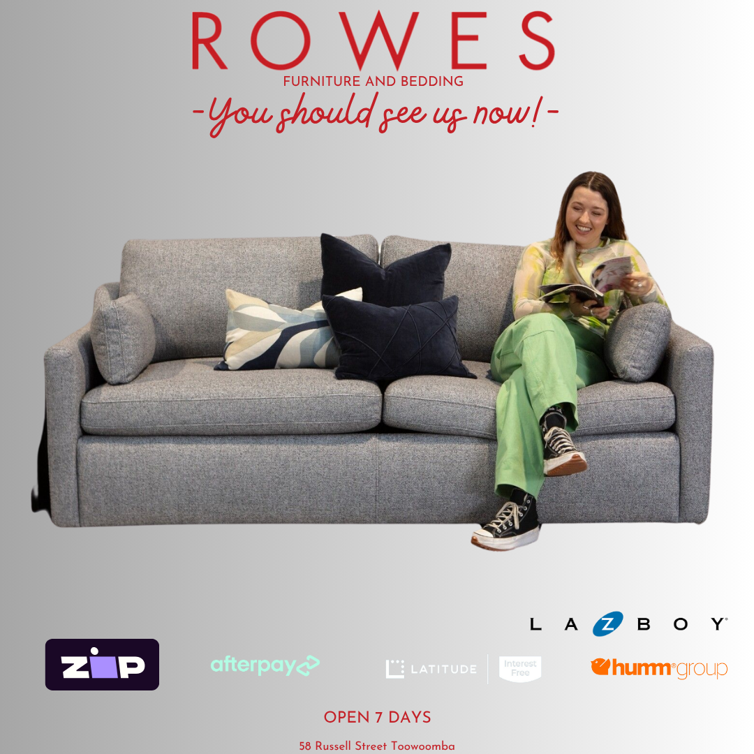 Woman sitting on a gray sofa with pillows, reading a book, against a light gray background with 'Rowes' branding.