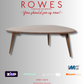 Wooden coffee table on a gray background with 'Rowes' branding and promotional text.