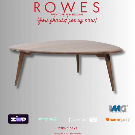 Wooden coffee table on a gray background with 'Rowes' branding and promotional text.