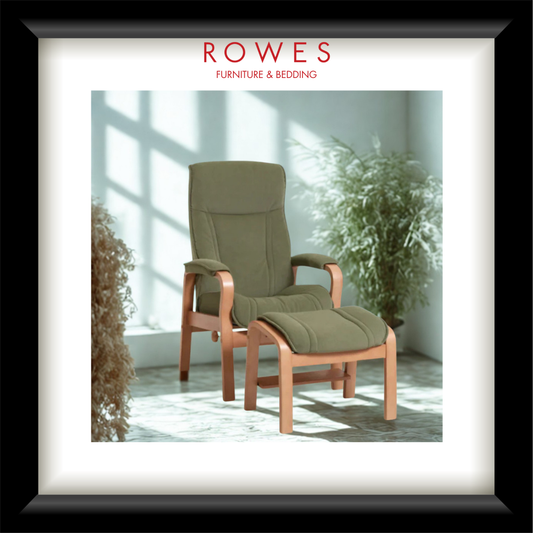 Green armchair with ottoman in a room with plants, featuring 'Rowes Furniture & Bedding' logo.