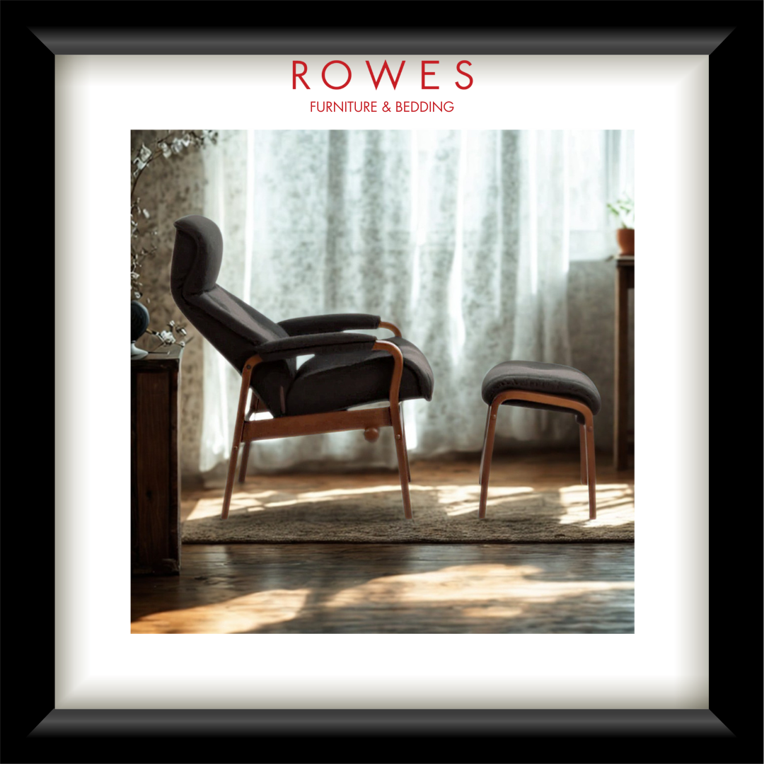 Modern chair and ottoman in a room with curtains, featuring 'Rowes Furniture & Bedding' branding.