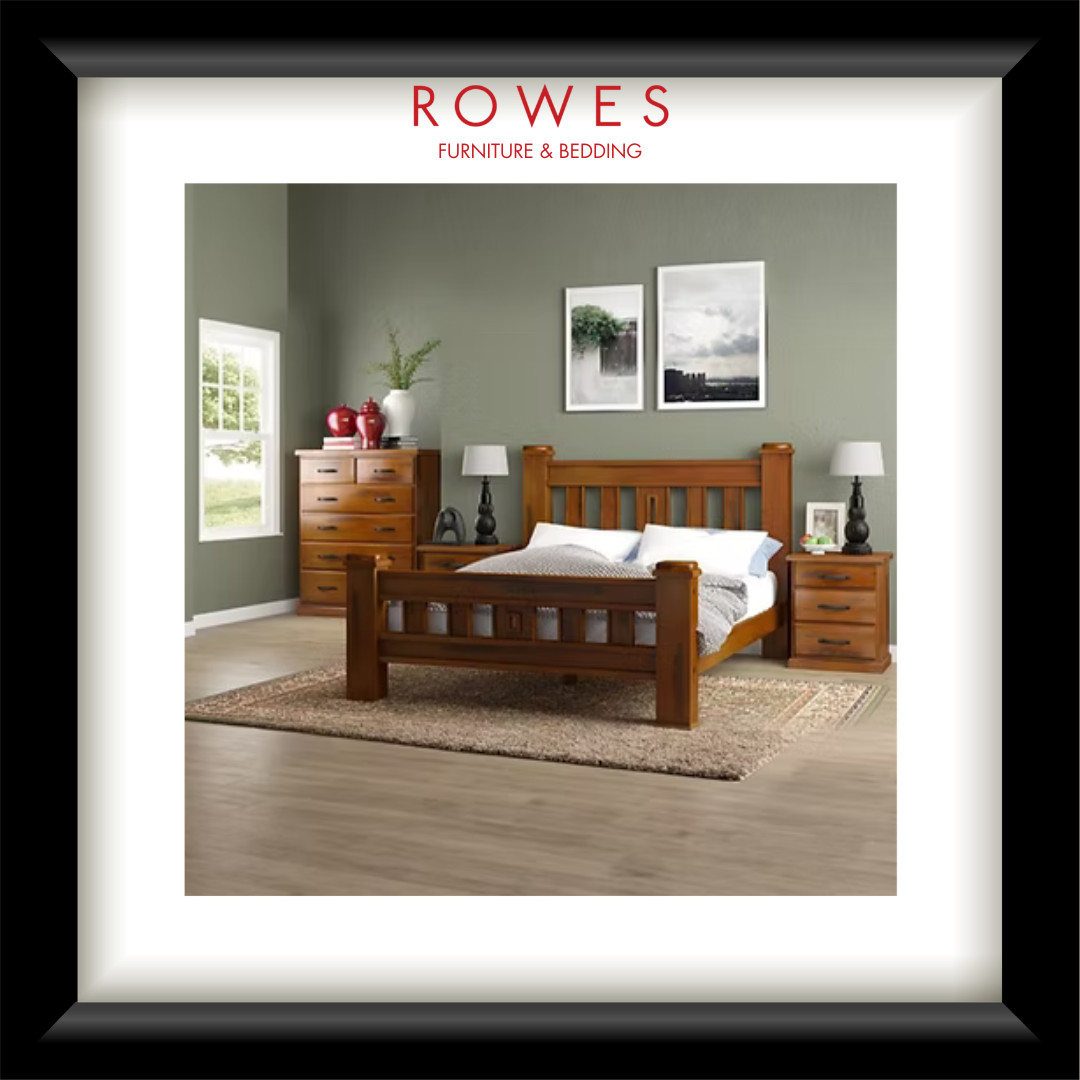 Bedroom with wooden furniture and 'Rowes Furniture & Bedding' branding.