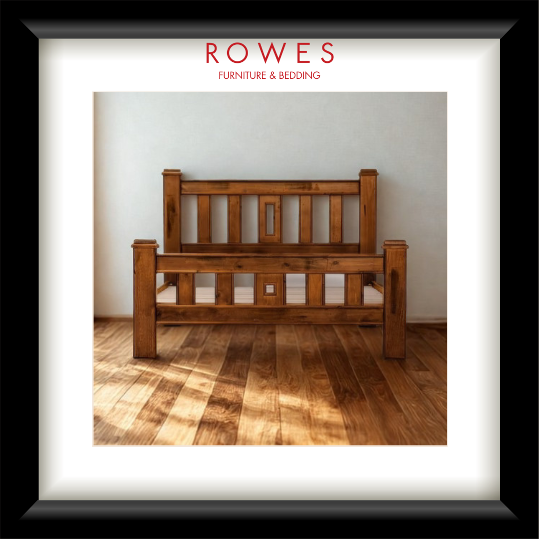 Wooden bed frame on a wooden floor with 'Rowes Furniture & Bedding' branding.