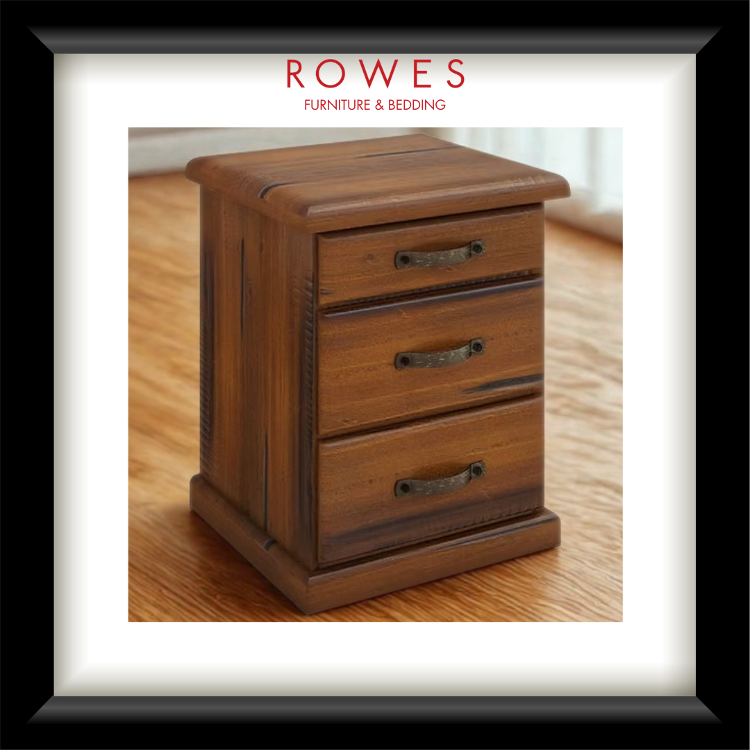 Wooden nightstand with three drawers on a wooden floor, branded 'Rowes Furniture & Bedding'.