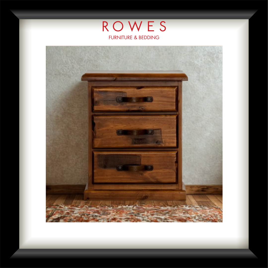 Wooden dresser with 'Rowes Furniture & Bedding' logo above it.