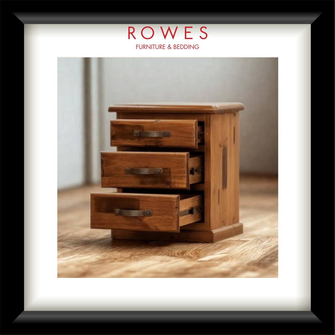 Wooden drawer unit on a wooden floor with 'Rowes Furniture & Bedding' branding.
