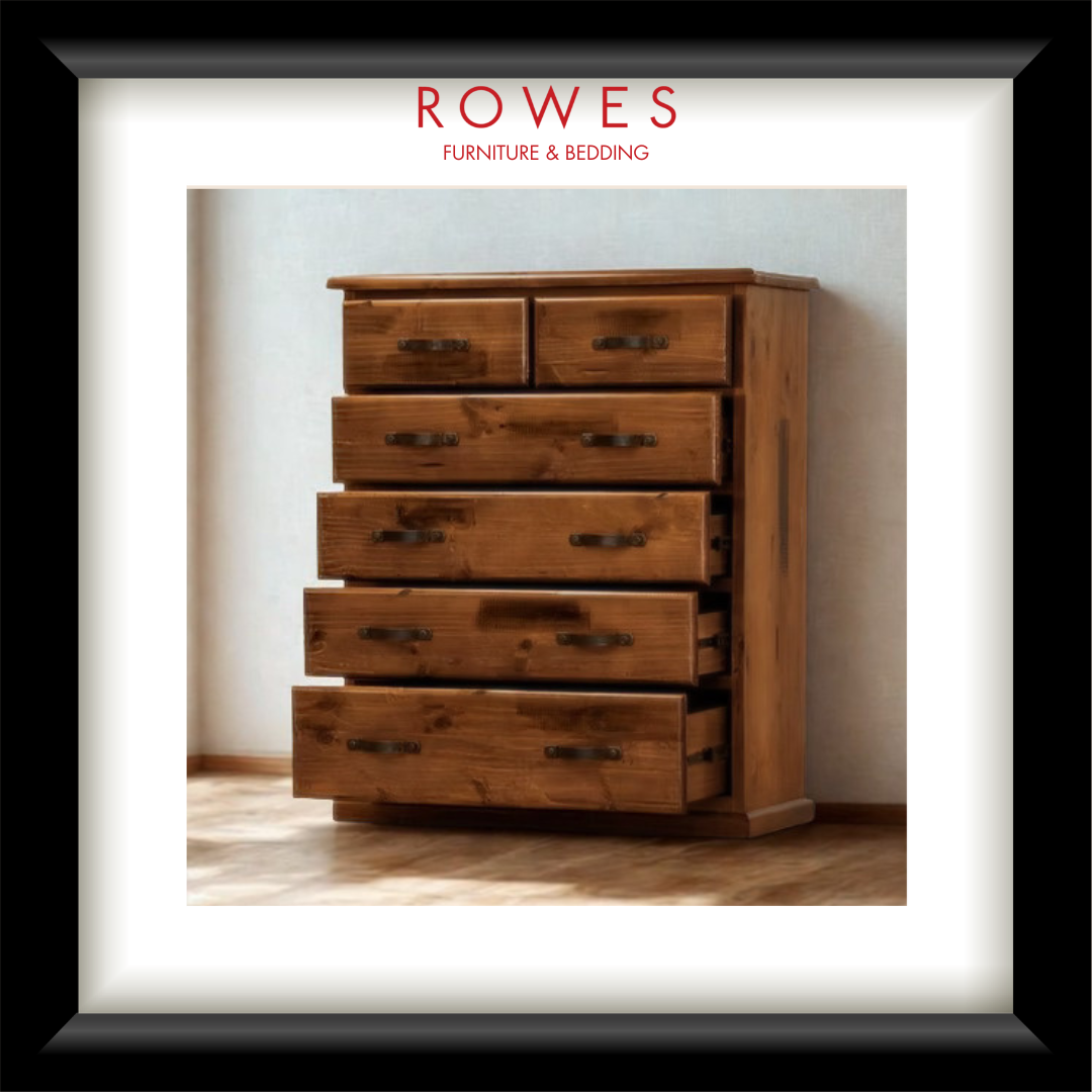 Wooden dresser with 'Rowes Furniture & Bedding' logo above it.