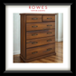 Wooden dresser with multiple drawers on a wooden floor, featuring the Rowes Furniture & Bedding logo.