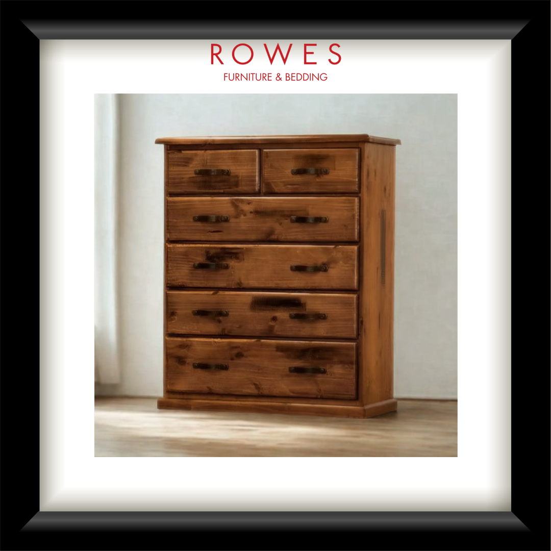 Wooden dresser with 'Rowes Furniture & Bedding' logo above it.