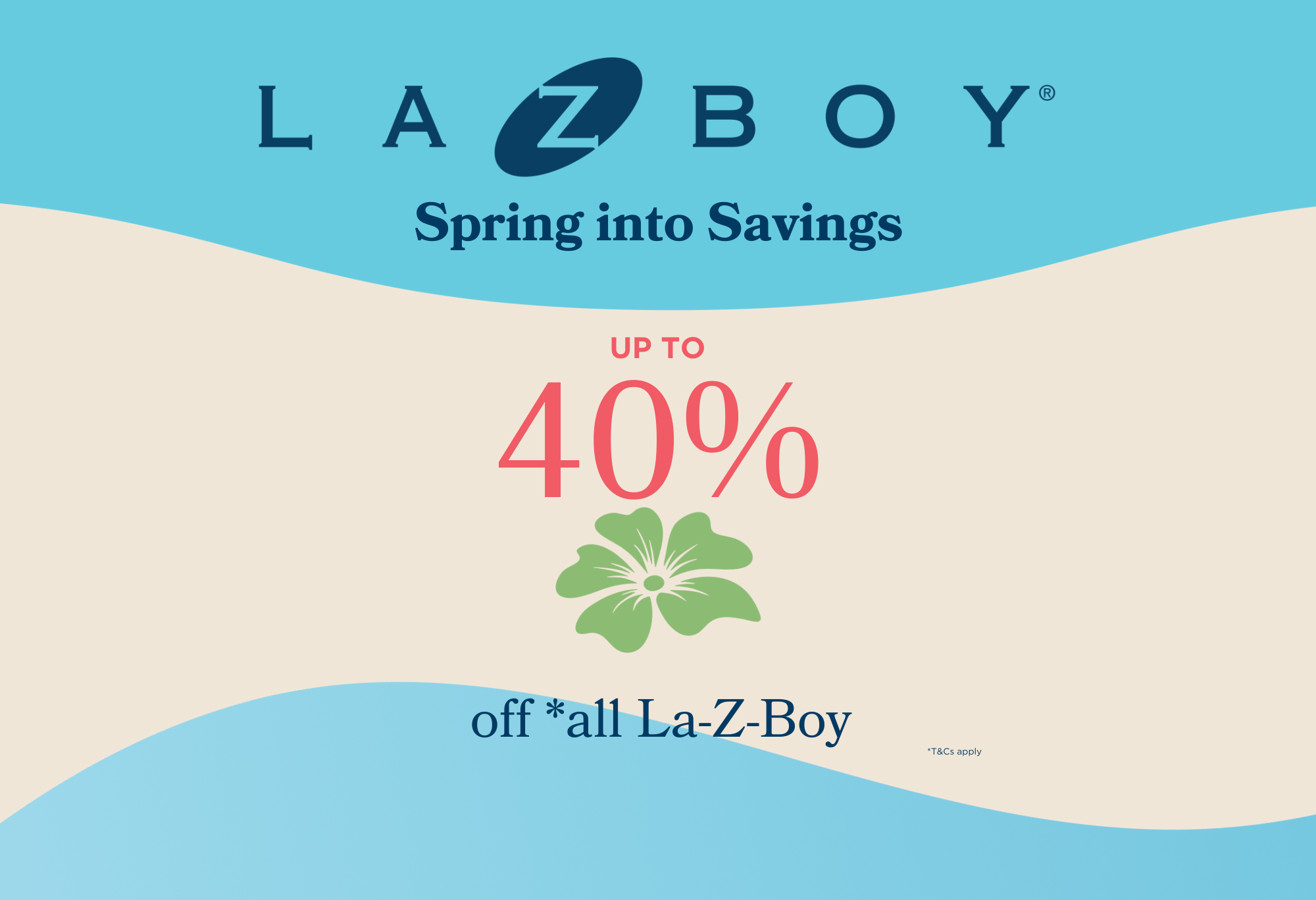 La-Z-Boy promotional banner with 'Spring into Savings' offer on a blue and beige background.