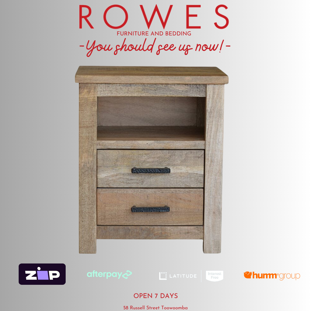 Wooden nightstand with 'Rowes Furniture and Bedding' text and logos on a gray background