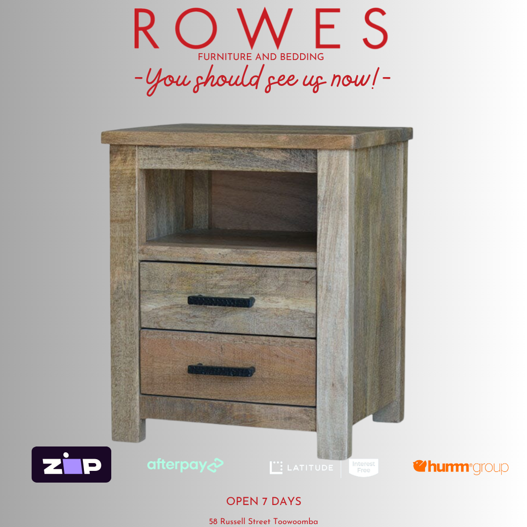 Wooden nightstand with 'Rowes Furniture and Bedding' text and logos on a gray background