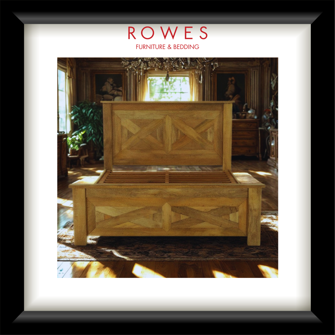 Wooden bed with geometric design in a room setting, featuring 'Rowes Furniture & Bedding' branding.