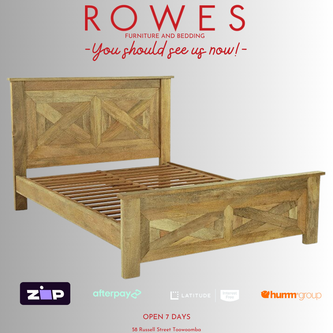 Wooden bed frame with 'ROWES' branding and promotional text on a gray background