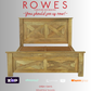 Wooden bed frame with 'Rowes Furniture and Bedding' text and payment logos on a gray background