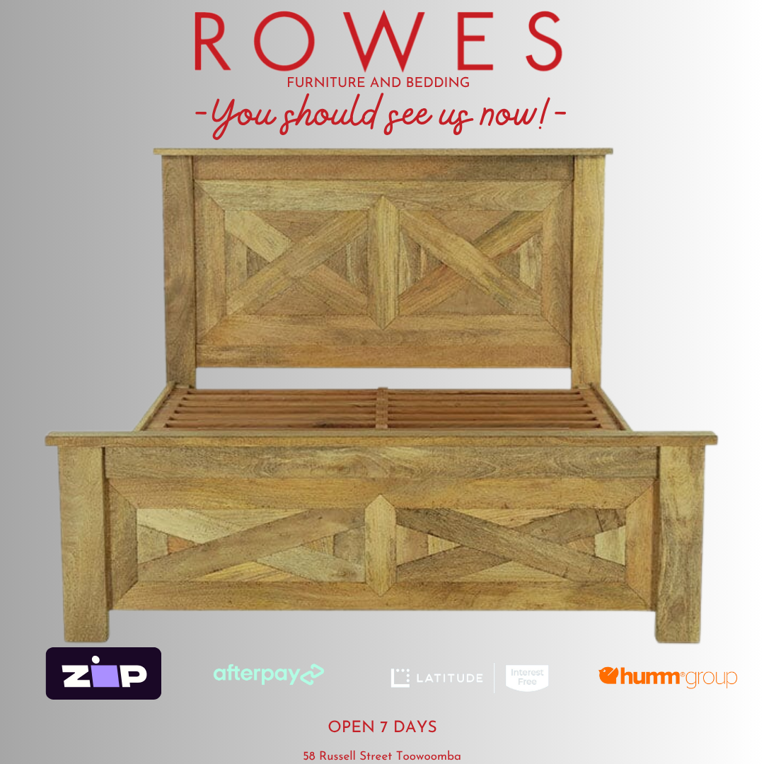 Wooden bed frame with 'Rowes Furniture and Bedding' text and payment logos on a gray background
