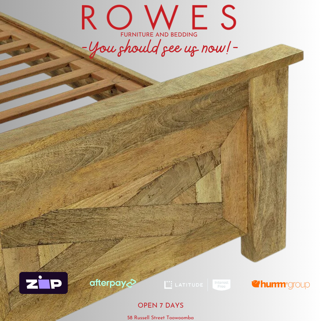 Wooden bed frame with 'Rowes Furniture and Bedding' text and logos on a white background