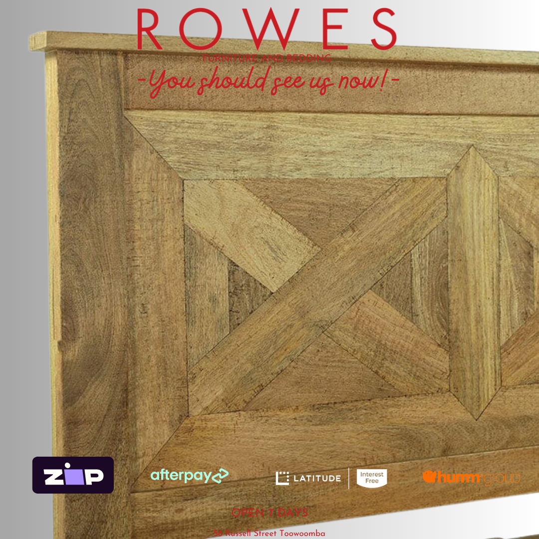 Wooden headboard with geometric pattern and 'Rowes' branding on a gray background