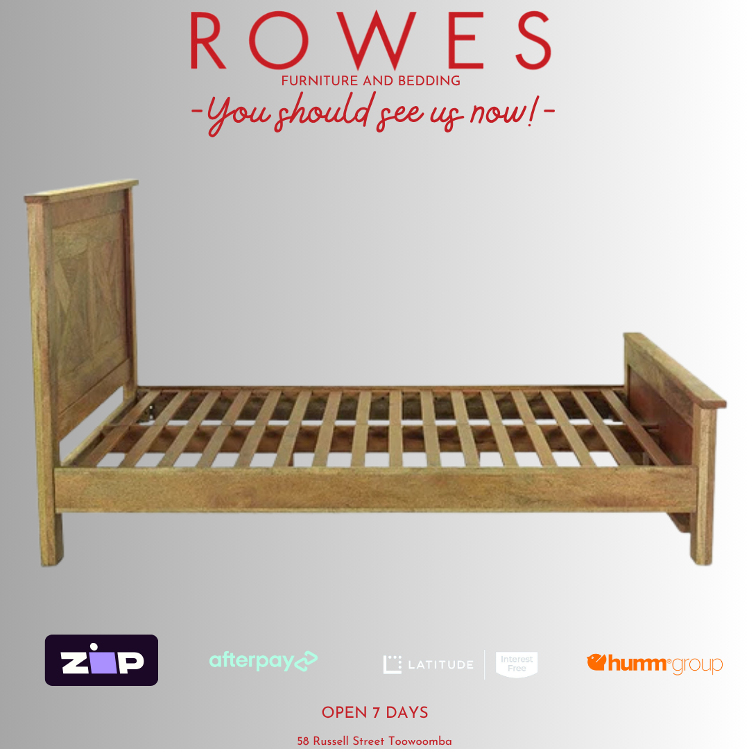 Wooden bed frame on a gray background with 'ROWES' branding and promotional text.