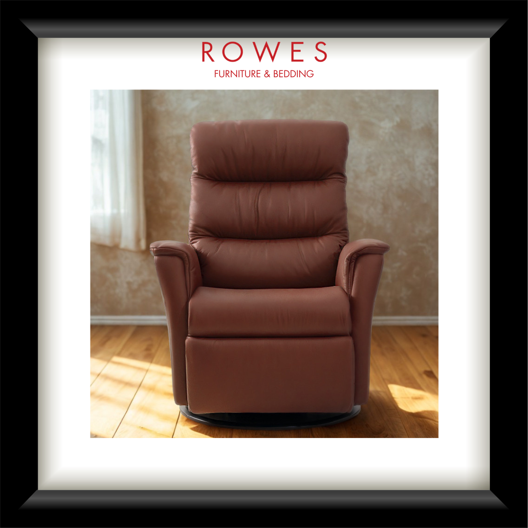 Brown leather recliner chair in a room with sunlight streaming through a window, branded 'Rowes Furniture & Bedding'.