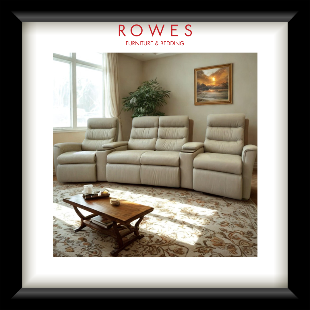 Beige sectional sofa in a living room with 'Rowes Furniture & Bedding' branding.