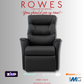 Black recliner chair on a gray background with promotional text and logos.