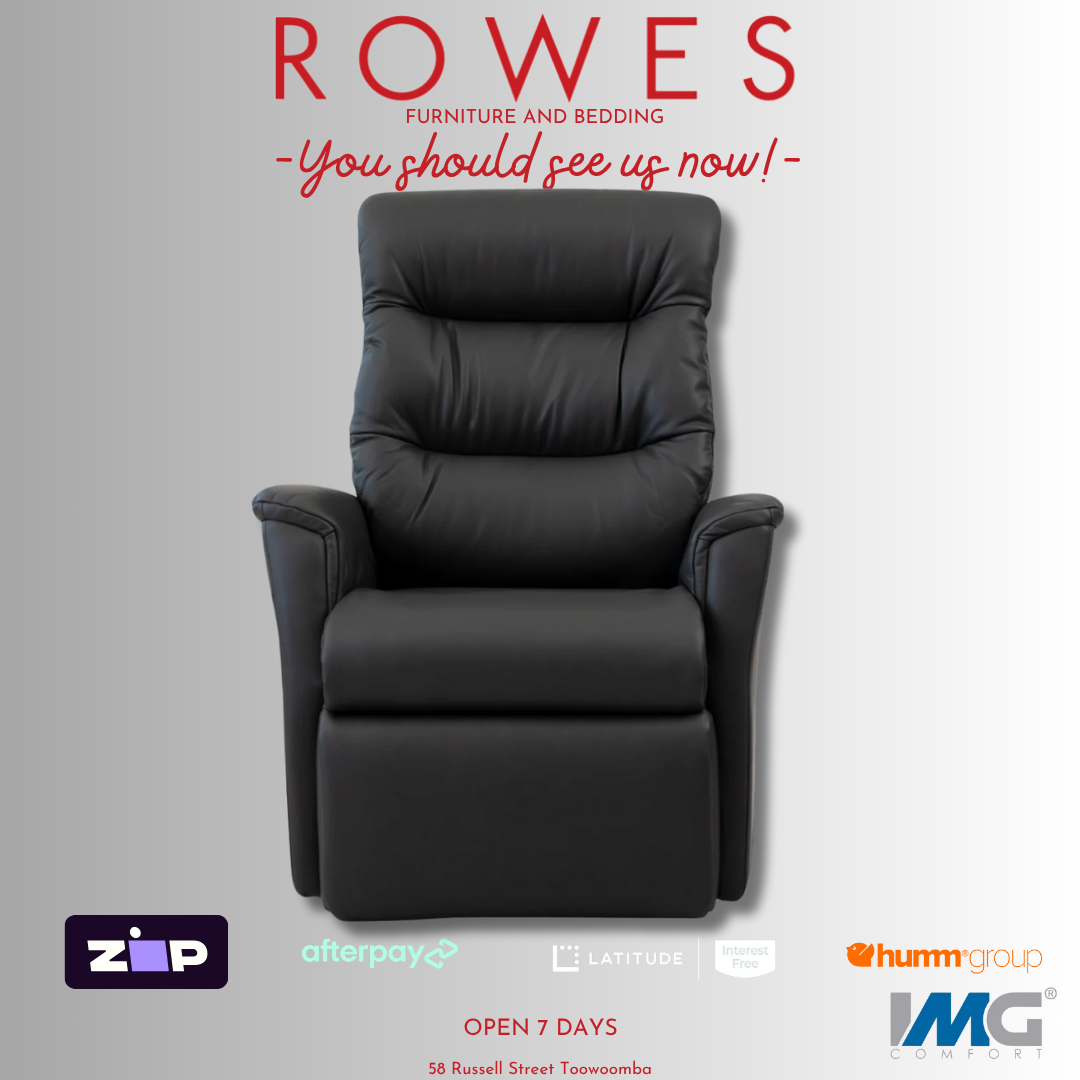 Black recliner chair on a gray background with promotional text and logos.