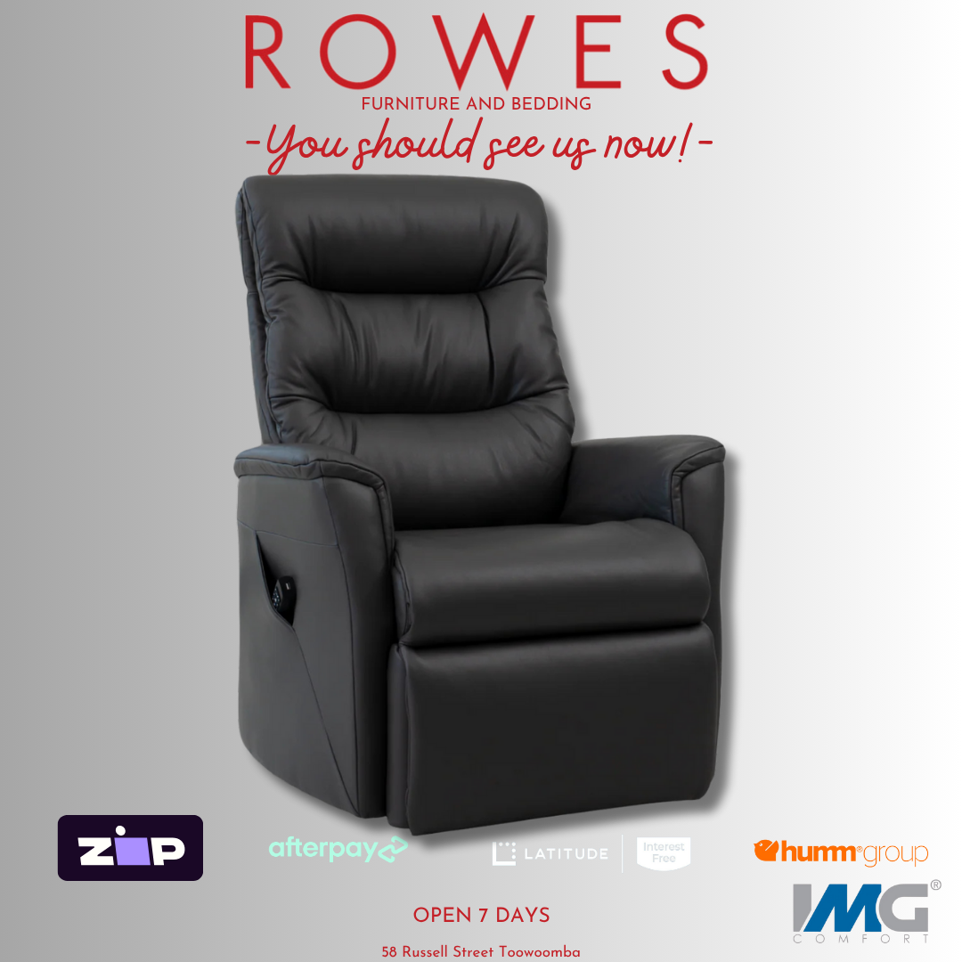 Black recliner chair with promotional text and logos on a gray background